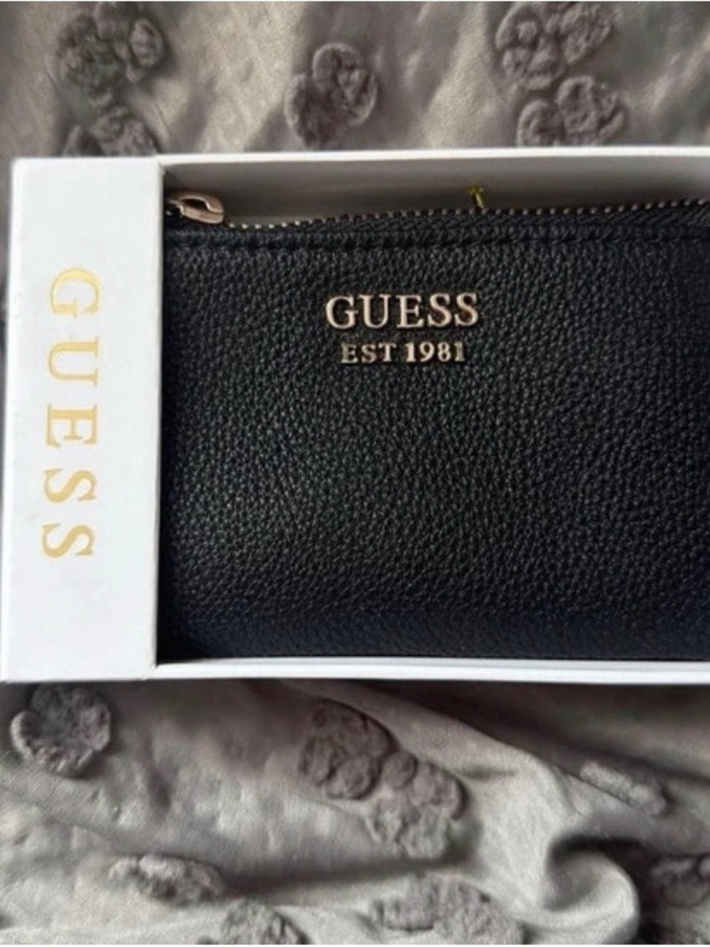 GUESS Black Pebbled Zip Card Holder with Gold Logo